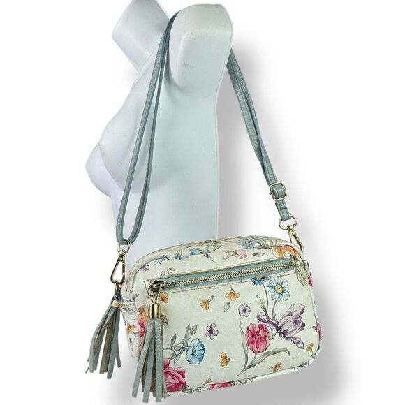 Firenze Italy Italian Handmade Hand Painted Floral Crossbody Bag White Leather - Picture 12 of 12